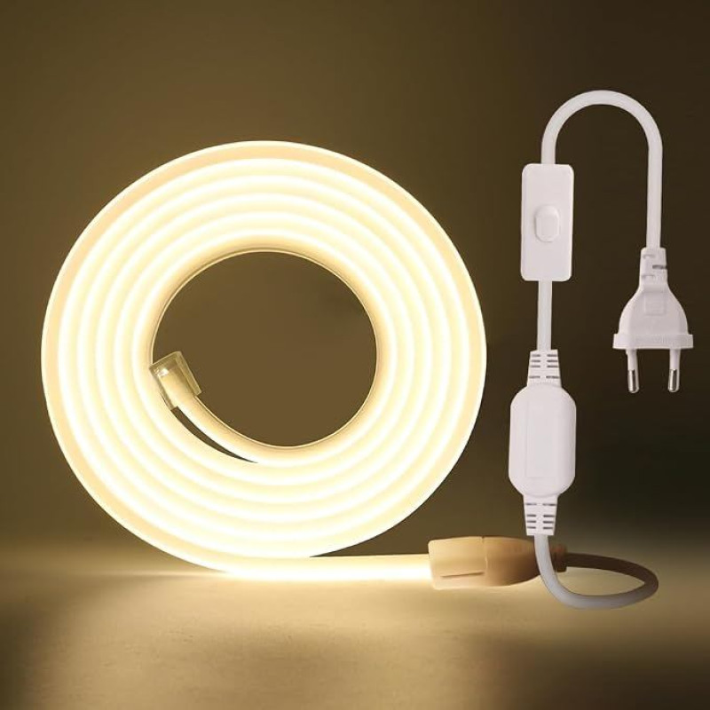 „KISUFU“ 220 V COB LED juosta su jungikliu kištuke, 15 m, 288 LED/m, lanksti, didelio tankio, CRI ≥ 85, FCOB LED juosta, IP65 atsparumo vandeniui, ypač ryški LED juosta, skirta miegamojo ir spintų apšvietimui
