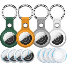RFUNGUANGO Airtags Holder Key Ring 4 Pack Leather Cover for Women Men Children with Apple Air Tag GPS Tracker Item Finders, Green, Yellow, Grey, White