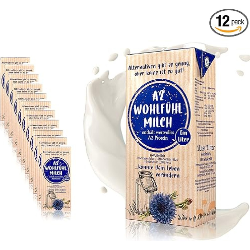 A2 Feel-Good Milk H-Full Milk 3,8% po 1 litrą, 12 vnt. pakuotėje - patvarus baltymingas karvių pienas, gaunamas iš rūšims tinkamų gyvulių, turintis vertingų A2 baltymų - pieno pienas be genų inžinerijos