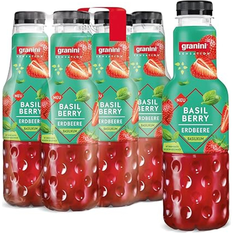 granini Sensation Basil Berry (6 x 0,75 l), 32% vaisių, bazilikų, braškių, vakarėlių gėrimas, veganiškas, be laktozės, su užstatu