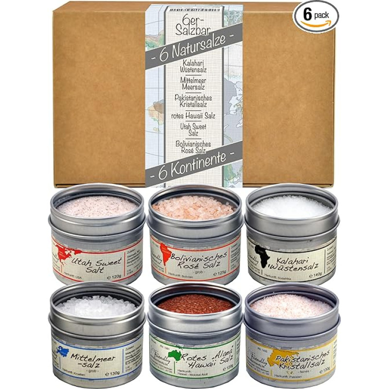 direct&friendly 6 Continents Salt Gift Set, 6 Gourmet Salts from 6 Continents, Exquisite Natural Salt, 100% Natural, 765 g