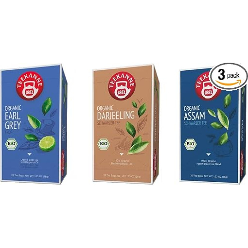 Teapot Organic Black Tea - Assam, Earl Grey, Darjeeling (3 x 20 Tea Bags, 105 g)