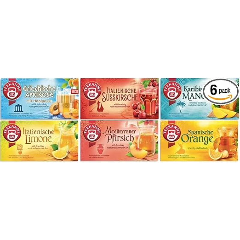 Country Tea Mix, Greek Apricot, Spanish Orange, Italian Lime, Caribbean Mango, Mediterranean Peach, Italian Sweet Cherry, 6 Packs 270g