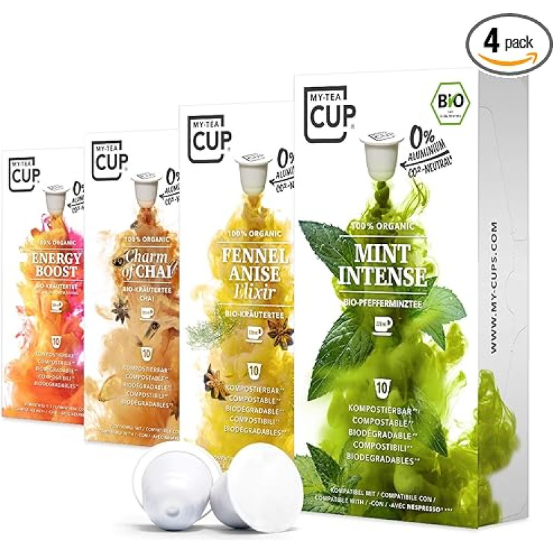 My Tea Cup Vital Box: 4 x 10 Capsules Organic Tea I 4 Varieties (Peppermint & Herbs) for Nespresso®³ Capsule Machines I 100% Industrial Compostable & Sustainable - 0% Aluminium