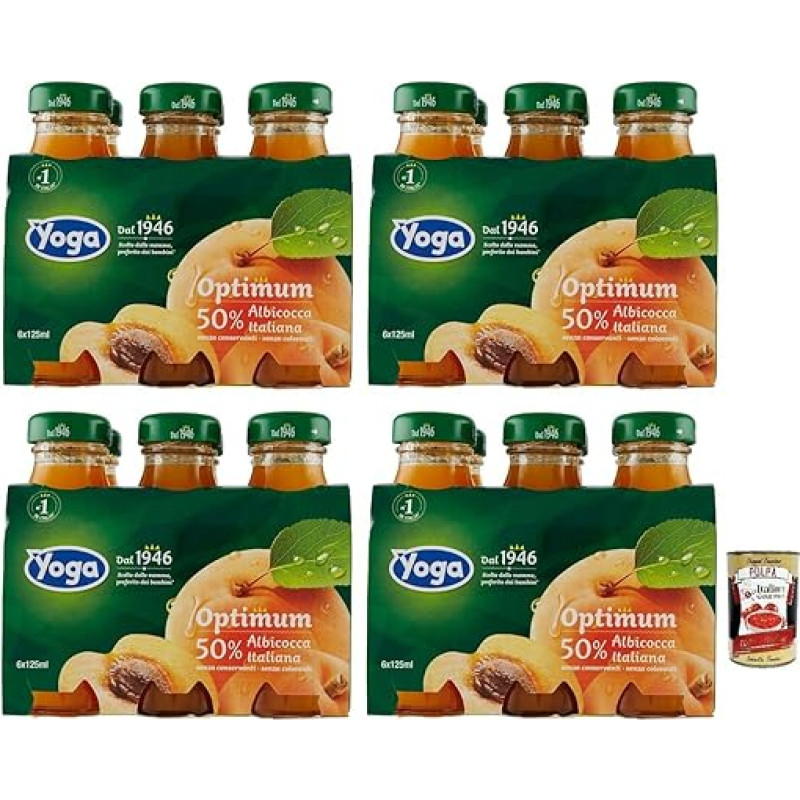 24 x Yoga Optimum Albicocca, Gluten-Free Apricot Fruit Juice, Refreshing Drink, Disposable Glass Bottle 125 ml + Italian Gourmet Polpa di Pomodoro 400 g Tin