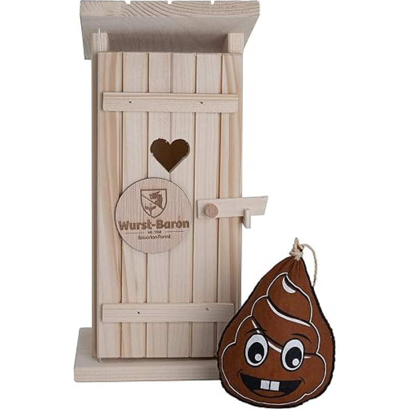 Wurstbaron® šypsenėlių puokštė su mediniu tualetu, skanus juokingo dizaino saliamis, aukštos kokybės ir dūmo aromato, juokinga dovana, 240 g