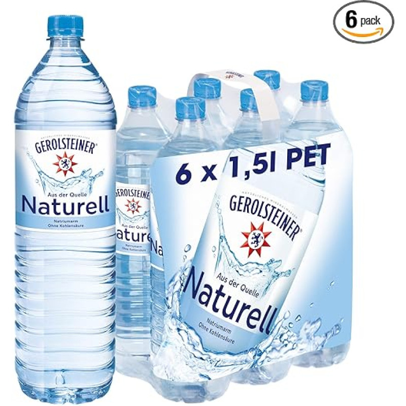 Gerolsteiner Naturell / Natūralus mineralinis negazuotas vanduo / Tinka dietai su mažu natrio kiekiu / 6 x 1,5 l PET vienkartiniai buteliai