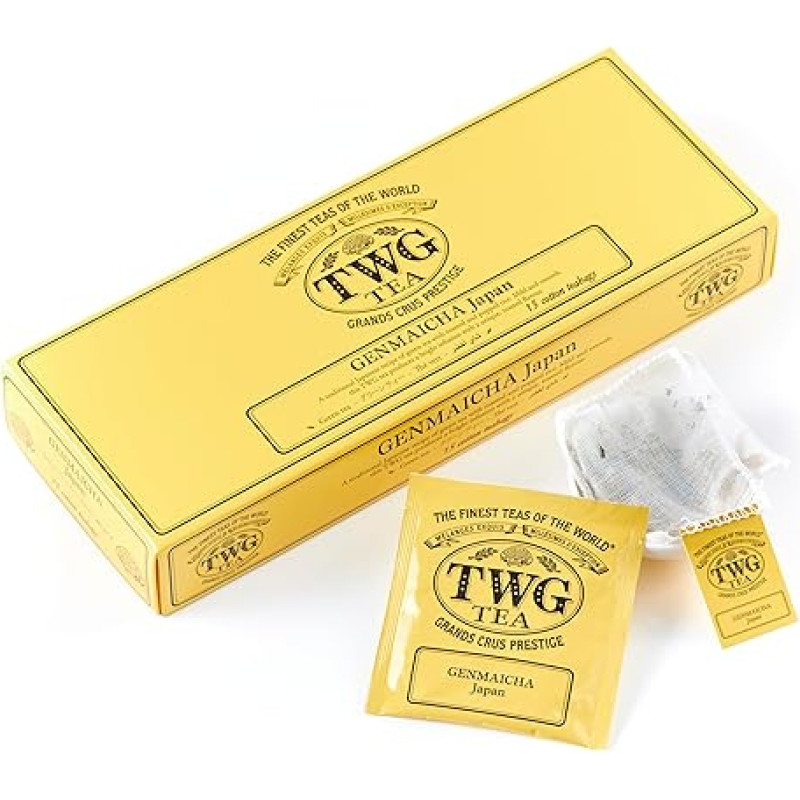 TWG Tea | Genmaicha Tea | Žalioji arbata | Skrudinti ir iššokę ryžiai | 15 rankomis siuvinėtų medvilninių arbatos maišelių | Dovanų rinkinys