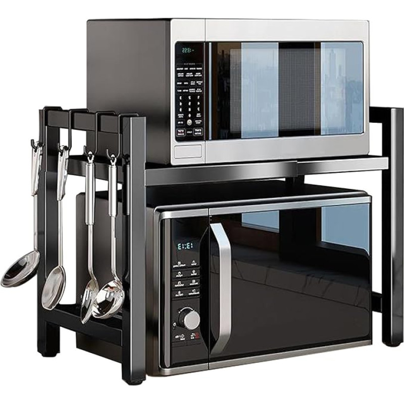 PKOUVOOO išskleidžiama mikrobangų krosnelės lentyna, mikrobangų krosnelės lentyna, išskleidžiama lentyna, stovinti mikrobangų krosnelės lentyna virtuvės organizatoriui, mikrobangų krosnelės stovas, virtuvės lentyna, stalviršis, kepimo stovas su 4 kabliuka