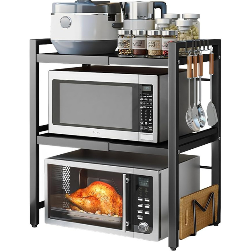 devesanter Mikrobangų krosnelės lentyna 3 pakopų ištraukiamos stalviršio kepinių lentynos su 6 kabliukais, virtuvės lentyna, prieskonių stovas, mikrobangų krosnelės spintelės organizatorius virtuvėms, juoda, ištraukiama nuo 40 iki 64 cm