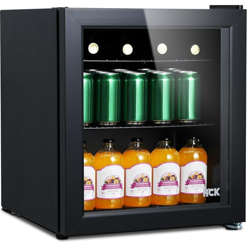 HCK 48L Mini Fridge with Glass Door, 0-15°C Drinks Fridge for Beer, Silent Small Refrigerators 39 dB, 2 Shelves, Mini Fridge for Office Room, Mini Bar Party, Beer Fridge, Black