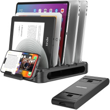 Vertical Laptop Stand for Desk, Adjustable Multi-Device Organizer with 6 Dividers, Removable Portable Phone Stand, 360° Rotating Base, Compatible with MacBook, iPhone, iPad,