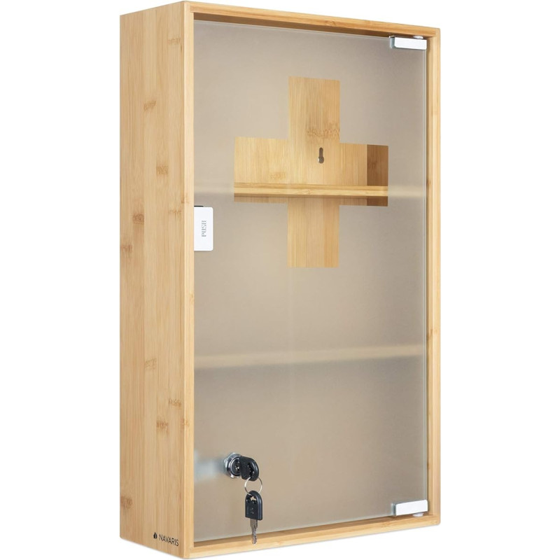 Navaris Lockable Medicine Cabinet Made of Bamboo and Glass – First Aid Cabinet Medicine Cabinet with Key – Pharmacist Cabinet Child Safe