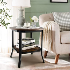 LIFEZEAL Side Table, Round Coffee Table, Coffee Table, 2 Levels, Industrial Bedside Table with Metal Frame, for Living Room, Bedroom, Brown