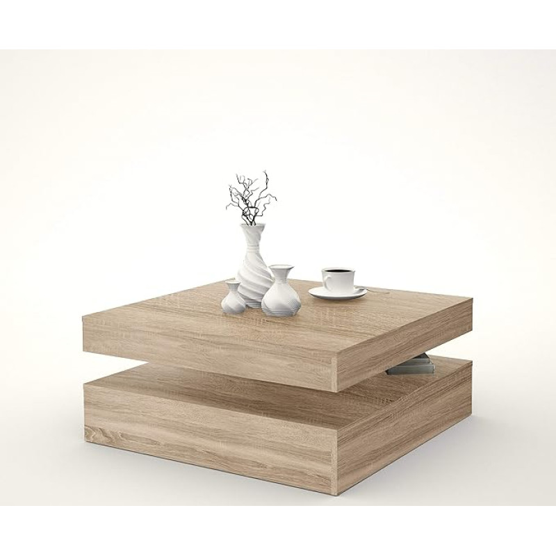 FORTE svetainės kavos staliukas, svetainės staliukas, medinė medžiaga 78 (93) x 34,3 x 78 cm su lentyna ir pasukamu stalviršiu