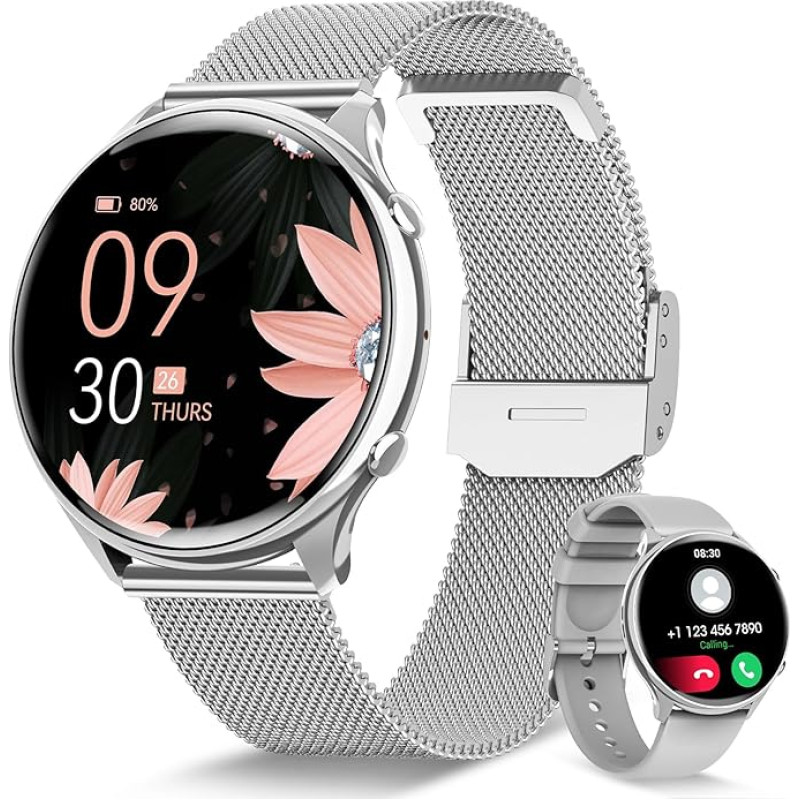 RUXINGX Women's Smartwatch with Phone Function, HD Full Touch Screen, Watch with 120 Sports Modes, Heart Rate Monitor, SpO2 Sleep Monitor, Menstrual Cycle, Fitness Tracker for Android iOS, Silver