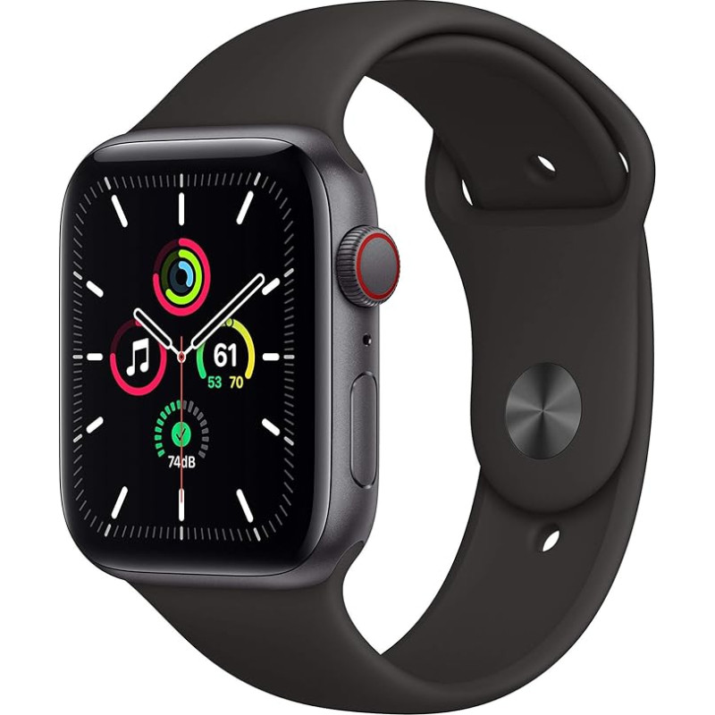 Apple Watch SE (GPS + Zellular, 44MM) Aluminiumgehäuse Space Grau mit Sportarmband Schwarz (Generalüberholt)