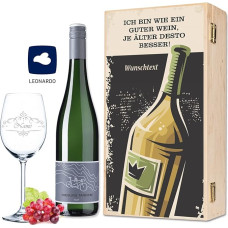 Leonardo Wine Glass - Ich bin wie ein guter Wein - Includes Printed Wooden Box + Riesling Tandem - Birthday Gift for Men and Women - Gift Set for Wine Drinkers Wine Festival