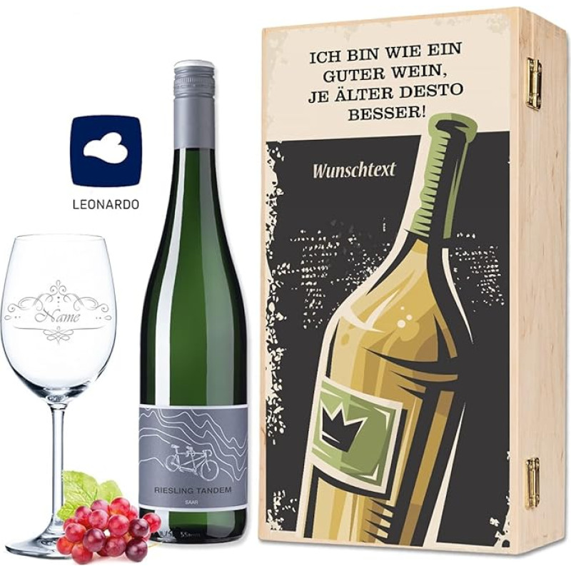 Leonardo Wine Glass - Ich bin wie ein guter Wein - Includes Printed Wooden Box + Riesling Tandem - Birthday Gift for Men and Women - Gift Set for Wine Drinkers Wine Festival