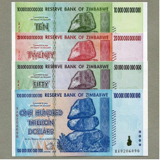 Mokomasis rinkinys Zimbabvė 100, 50, 20 ir 10 trilijonų dolerių banknotų banknotai Pinigai Infliacija Rekordinė valiuta Banknotai