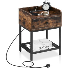 TUKAILAi Naktinis staliukas su įkrovimo stotele, pramoninis naktinis staliukas, šoninis staliukas, sofos staliukas su lentyna, 1 stalčius ir metalinis rėmas, skirtas svetainei, miegamajam, kaimiškai rudos ir juodos spalvos