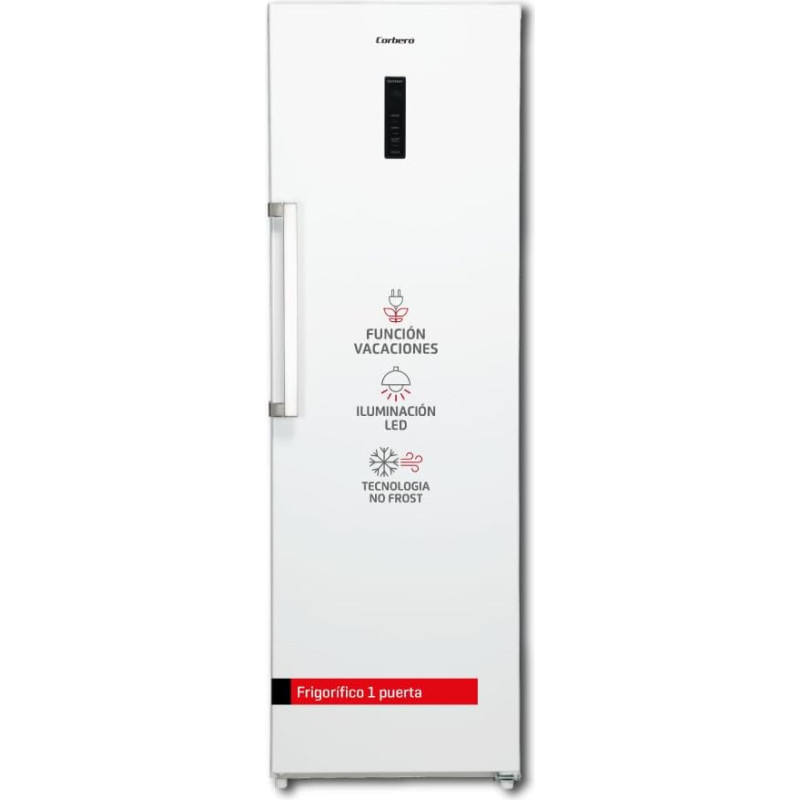 Corbero CCLH18524NFW | Šaldytuvas su 1 durelėmis | 359 L | Be šerkšno | LED apšvietimas | 2 Crisper XXL | Fresh Box | 4 vyno lentynos | Lengvai atidaroma rankena | 40 dB | Nerūdijantis plienas