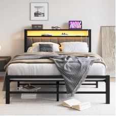 Upholstered Bed 120 x 200 cm with LED Lighting Bed Frame with Metal Slatted Frame, Metal Bed Frame 120 x 200 cm with Headboard and Charging Station, Easy Assembly, Double Bed, Youth Bed, Black