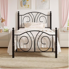 VECELO Bed Frame 90 x 200 cm, Vintage Metal Bed with High Headboard & Petalum Pattern and Slatted Frame for Bedroom Guest Room 32 cm Height Under Bed Black