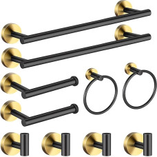 10 vonios kambario detalių rinkinys - XXINLOOY - 2 rankšluosčių džiovintuvai 40 cm + 2 tualetinio popieriaus laikikliai + 2 rankšluosčių žiedai + 4 rankšluosčių kabliukai 304 nerūdijantis plienas (juodas ir auksinis)