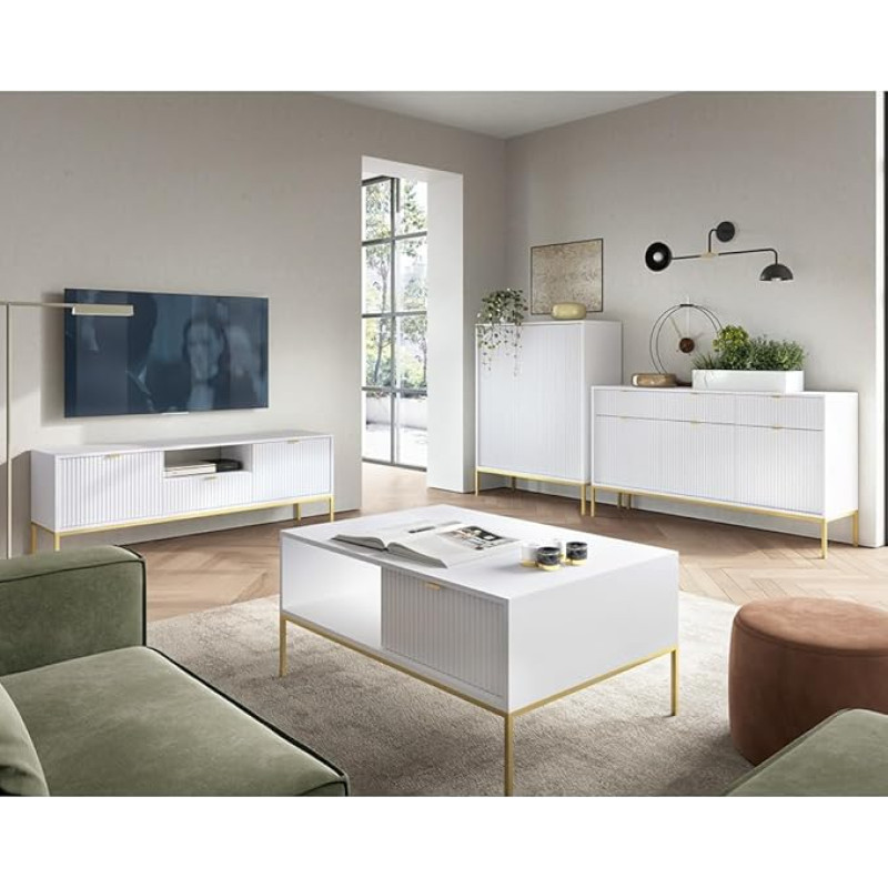 Pradžia Baldų komplektas Sieninė spintelė Baltas rėmas Aukso spalvos 4 dalys 1 aukštoji lenta 1 bufetas 1 kavos staliukas 1 žemoji lenta