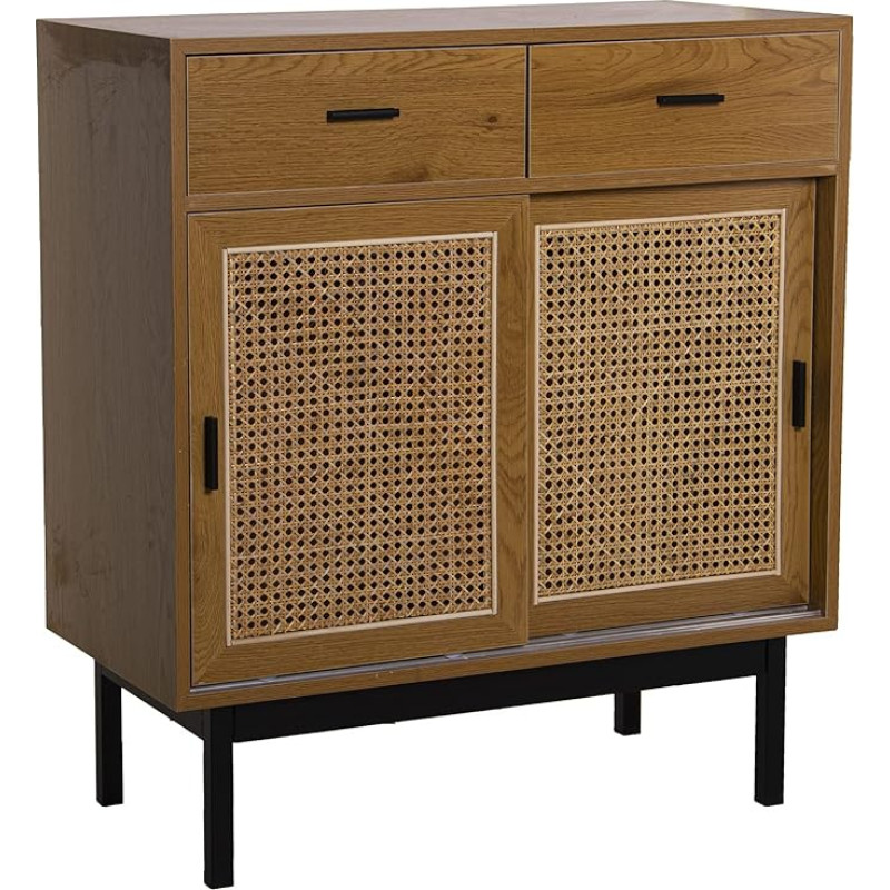 DRW įėjimo stalelis su 2 stumdomomis durelėmis ir 2 stalčiais, pagamintas iš natūralios ir juodos spalvos MDF, gluosnio ir metalo, 80 x 40 x 89 cm, spalvotas, standartinis