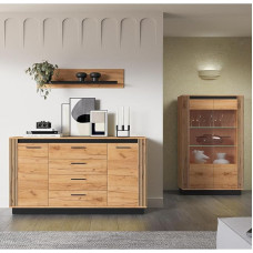 URBANIA-166 Gyvenamojo kambario baldų komplektas 3 dalių komoda, stalčius, staliukas, vitrina, sieninė lentyna, modernus ąžuolas su juoda spalva