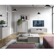 Pradžia Baldų komplektas Pilka sieninė spintelė su auksiniu rėmu 4 dalių komplektas 1 aukštoji lentyna 1 komoda 1 kavos staliukas 1 žemoji lentyna