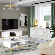 Wall Unit TV Wall High Gloss White 3-Piece Modern 1 Lowboard 1 Sideboard 1 Coffee Table with Gold-Coloured Accents