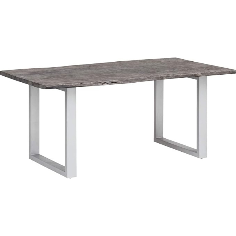 Woodkings® Bullwer valgomojo stalas, akacijos pilka mediena, metalinis pagrindas, stalas su medžio kraštu, medžio stalas, tikras medis, modernus dizainas, medžio masyvas, virtuvės stalas, valgomojo kambario baldai