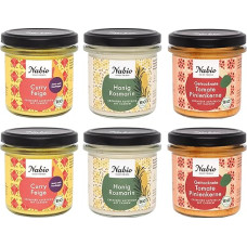 NABIO Vegetariško tepamojo kremo dėžutė, 6 vnt., 2 x kario figos, 2 x medaus rozmarinas, 2 x džiovinti pomidorai, kedro riešutai, ypač kreminis su anakardžių riešutais I (6 x 135 g)