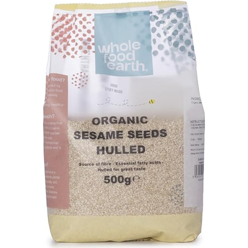 Wholefood Earth Ekologiškos nuluptos sezamo sėklos 500 g Žalios, be GMO, veganiškos, sertifikuotos ekologiškos