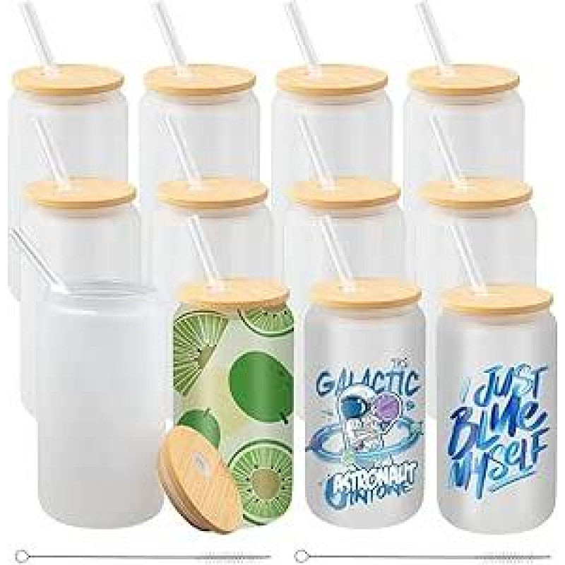 12 sublimacinių stiklinių pakuotė 470 ml matinės alaus stiklinės su dangteliu ir stikliniu šiaudeliu Stiklinės stiklinės alui, šaltai kavai, sultims, limonadams