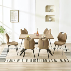 LEWE valgomojo grupės valgomojo stalas su 6 kėdėmis, 140 x 80 x 76 cm, stačiakampio formos medinis valgomojo stalas su valgomojo kėdėmis su aukštu atlošu, juodos geležinės kojos, skirtas virtuvei, valgomajam ir