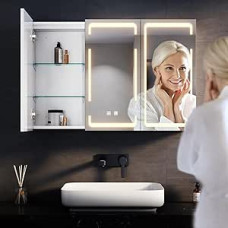 SONNI LED Mirror Cabinet Bathroom and Socket 90 x 60 cm, 3 Door Metal Mirror Cabinet with Touch Switch, 3 Light Colours + Defogging, Wireless Hinge Design, White, Bathroom Medicine Cabinet