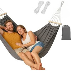 Itin didelis medvilninis hamakas su virvėmis Hamakas sodo, terasos, kempingo, lauko, vidaus patalpose, 200 kg apkrova, 150 x 280 cm (pilkas, XXL)