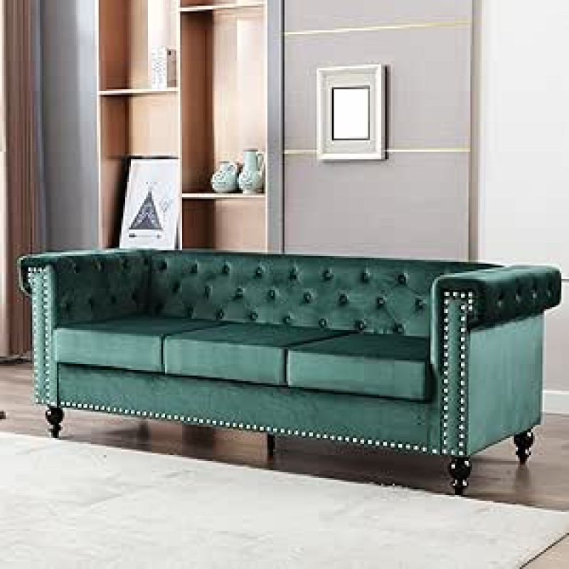 RETRIN 3 vietų sofa, aksominė sofa, 3 vietų sofa svetainei su elegantiškais sagų dygsniais ir tipiškais porankiais, mediniu rėmu, metalinėmis kojomis, modernaus dizaino, 206 x 75,5 x 77 cm, žalios spalvos
