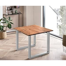Bett11 SAM B-Ware Mundra Dining Table 80 x 80 cm Acacia Wood Wane Table Solid + Natural-Coloured U-Metal Frame Silver Dining Room Table with Real Wane Edge