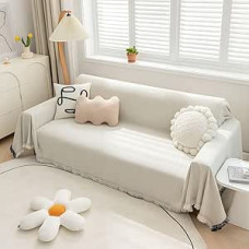 Šenilinis sofos dangtelis Ypač platus vandeniui atsparus sofos metimo sekcijos sofos dangteliai antklodė 2 3 pagalvėlėms Kutinys kraštas storas patvarus sofos apsauginis šunims smėlio spalvos 91 x 135 colių