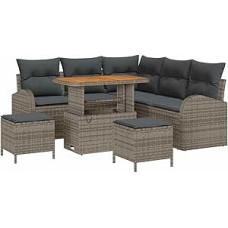 8-teiliges Garten Sofa Set mit Kissen Grau Poly Rattan Akazie Gartenlounge Model3362398