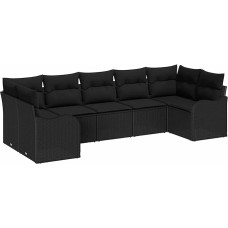 7-teiliges Garten Sofa Set mit Kissen Schwarz Poly Rattan, 2-Sitzer Garten Sofa mit Stauraum & Kissen Schwarz Poly Rattan Gartenlounge Model3354522