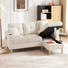 Sofa su miego funkcija, L formos sofa, 3 vietų sofa su šezlongu, laikymo vieta, gėrimų laikikliu, su 2 pagalvėlėmis, skirta svetainei, biurui, namams (balta)