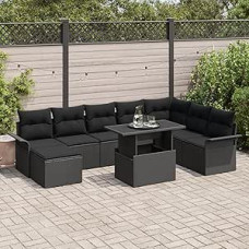 9-teiliges Garten-Sofaset mit Kissen in Schwarz aus Poly-Rattan Gartenlounge Modelis3348339