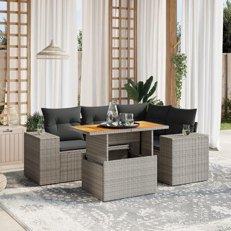 Komplektas Schlafsofa, 5-teiliges Gartensofa-Set mit grauen Kissen aus Polyrattan, Set Schlafsofa, Wohnzimmer, Sofa, Garten, modernes Sofaset für den Außenbereich, Möbel für den Außenbereich,