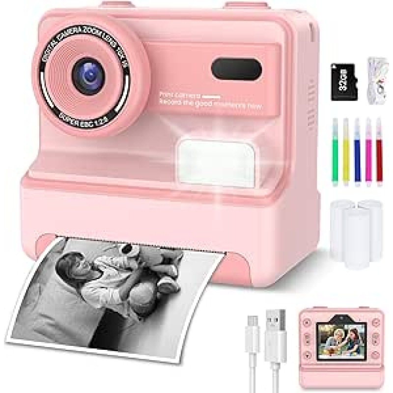 Momentinis fotoaparatas, vaikiškas fotoaparatas su 32 GB kortele ir 3 rulonais spausdinimo popieriaus, momentinis fotoaparatas vaikams su spalvotais rašikliais ir juokingais priedais, dovanos berniukams ir mergaitėms nuo 3 iki 12 metų (rožinis)